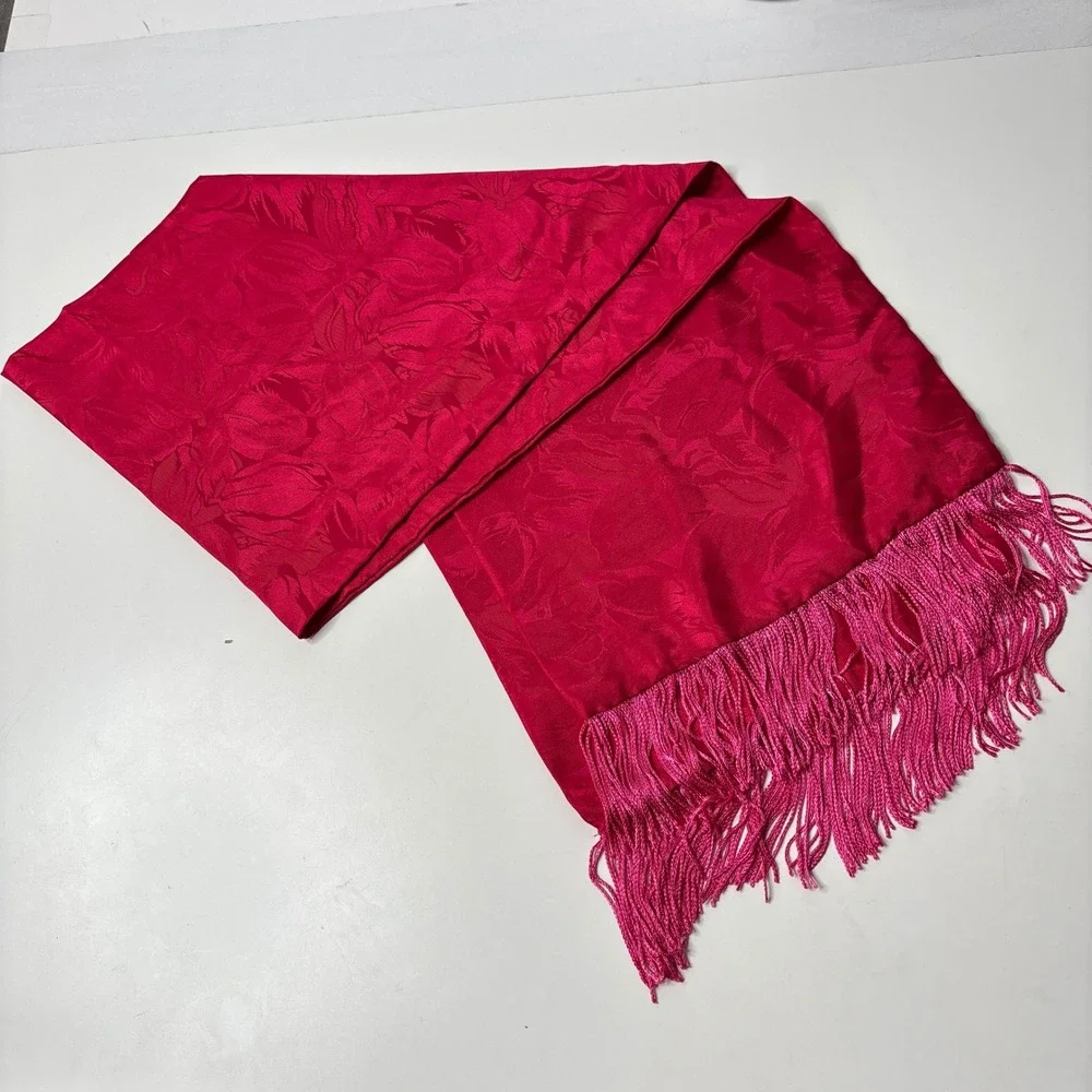 Vintage Hot Pink Fuchsia Brocade Fringe Rectangle Scarf Retro Elegant‎